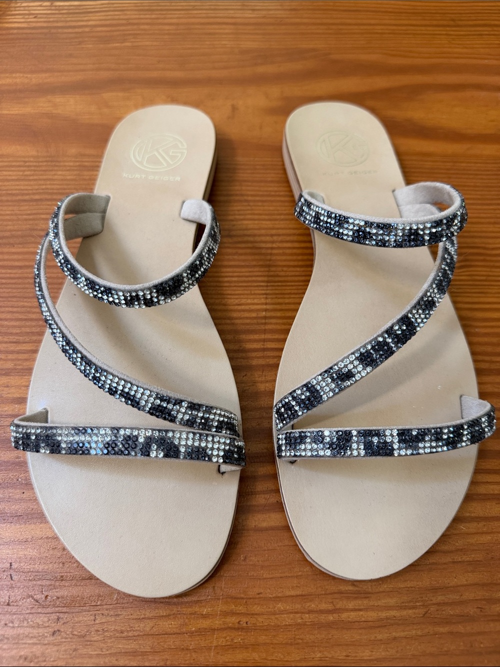 Kurt Geiger Black and Silver Crystal/Beaded Strappy Flat Sandals, size 8.5